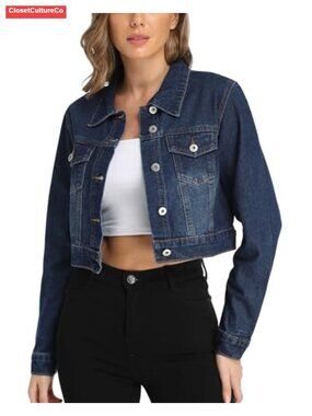 Cropped Denim Jacket Button Up Chest Flap Pockets Cowboy Cut